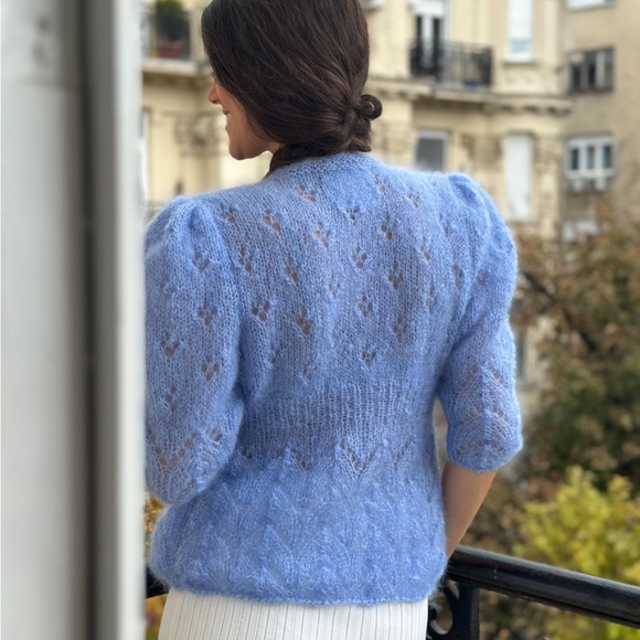 MARIDRUNA Fiona Mohair, Hand-Knit Cardigan. Baby Blue, Size Small - Picture 6 of 9